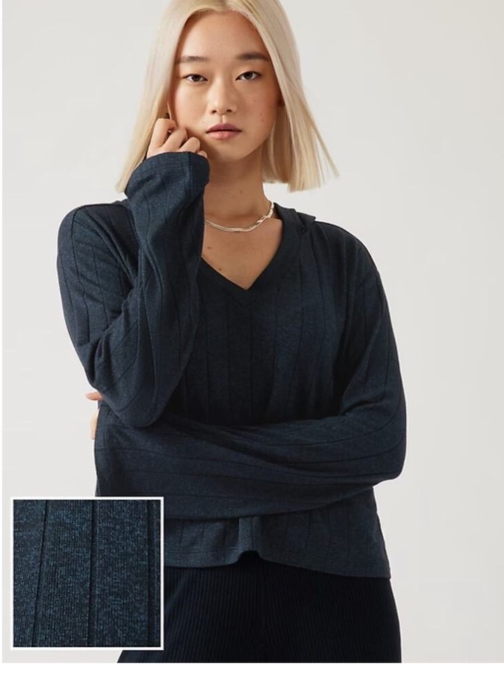 Athleta Harmony Pose Hoodie Ribbed V-Neck Long Sleeve Pullover Blue Medium New